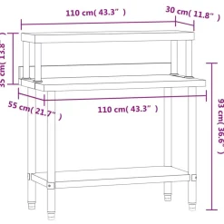 vidaXL Restauración-Mesa de trabajo para cocina con estante acero inox 110x55x120cm