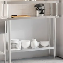 vidaXL Restauración-Mesa de trabajo para cocina con estante acero inox 110x30x120cm