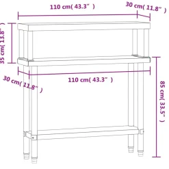 vidaXL Restauración-Mesa de trabajo para cocina con estante acero inox 110x30x120cm