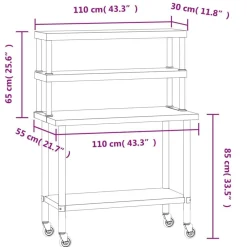 vidaXL Restauración-Mesa de trabajo para cocina con estante acero inox 110x55x150cm