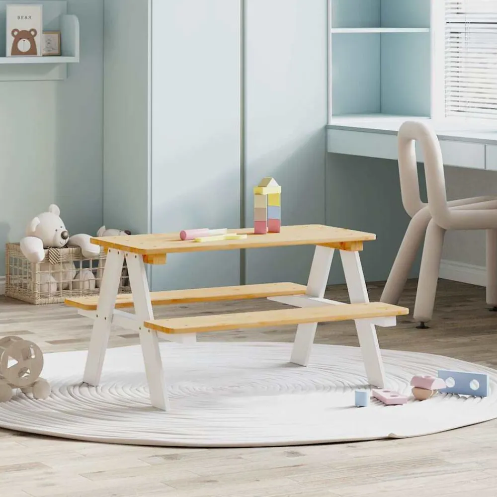 vidaXL Mesa infantil con bancos IRUN madera maciza blanca 90x79,5x50cm Blanco Outlet