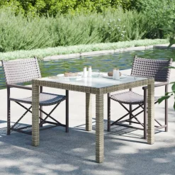 vidaXL Muebles De Jardín-Mesa jardín vidrio templado ratán sintético 90x90x75 cm gris