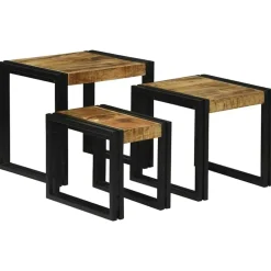 vidaXL Mesas-Mesa Nido 3 pcs Marrón y Negro Madera de Mango Sólida y Metal