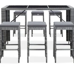 vidaXL Mesa y sillas de bar jardín 7 pzas cojines ratán sintético Gris Clearance