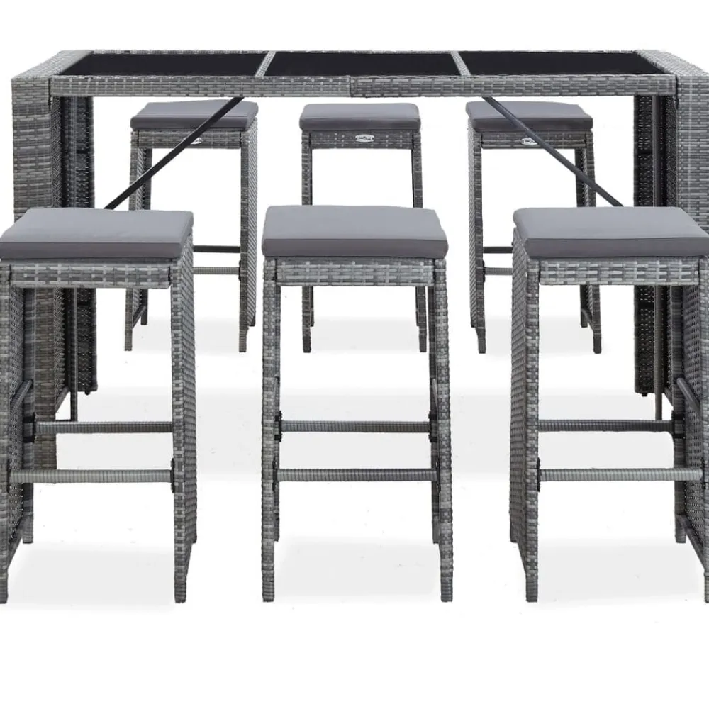 vidaXL Mesa y sillas de bar jardín 7 pzas cojines ratán sintético Gris Clearance