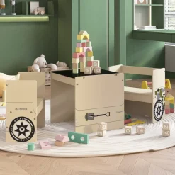 Niños vidaXL Mobiliario Para Bebés Y Niños Pequeños-Mesa y sillas infantiles 3 pzas diseño coche todoterreno MDF