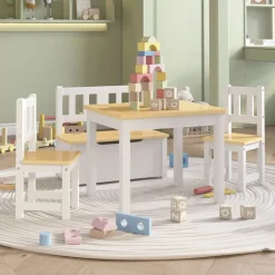 vidaXL Mesa y sillas infantiles 4 piezas MDF Blanco y beige