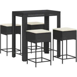 vidaXL Mesa y taburetes altos jardín 5 pzas y cojines ratán PE Negro Discount