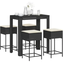 vidaXL Mesa y taburetes altos jardín 5 pzas y cojines ratán PE Negro Discount