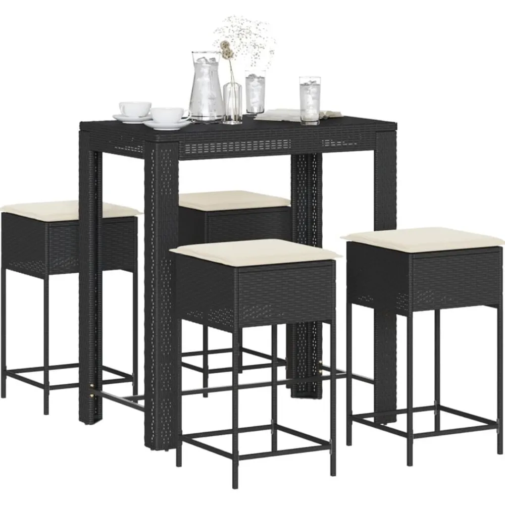 vidaXL Mesa y taburetes altos jardín 5 pzas y cojines ratán PE Negro Discount