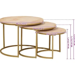 vidaXL Mesas de Café Nido 3 pcs Marrón Madera maciza de mango y acero Clearance