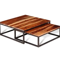vidaXL Mesas de centro apilables 2 unidades madera maciza de acacia Marrón y negro Discount