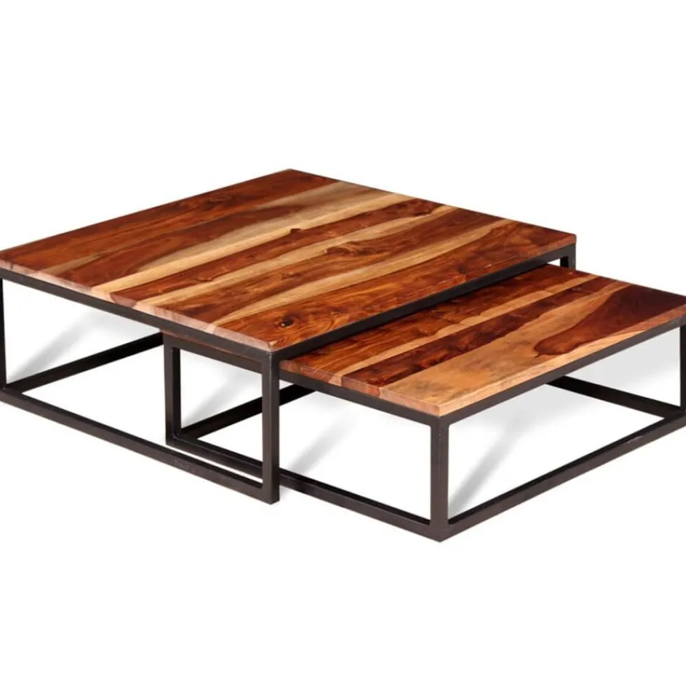 vidaXL Mesas de centro apilables 2 unidades madera maciza de acacia Marrón y negro Discount