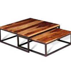 vidaXL Mesas de centro apilables 2 unidades madera maciza de acacia Marr&oacute;n y negro Discount