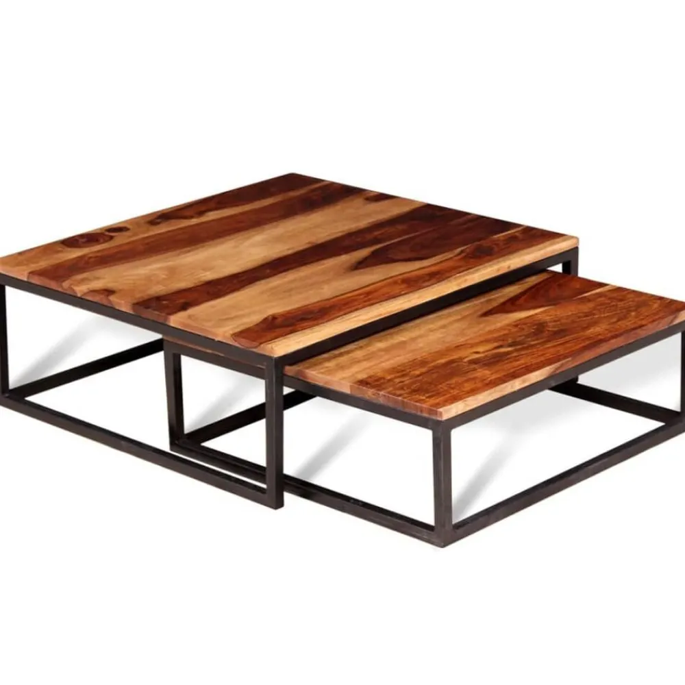 vidaXL Mesas de centro apilables 2 unidades madera maciza de acacia Marrón y negro Discount