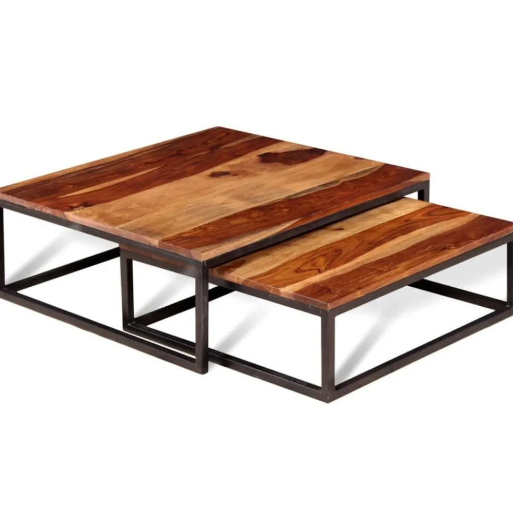 vidaXL Mesas de centro apilables 2 unidades madera maciza de acacia Marrón y negro Discount