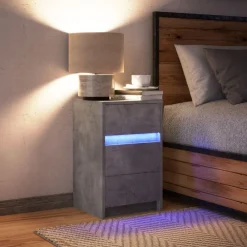 vidaXL Mesita de noche con luces LED madera ingeniería gris hormigón Gris hormigón Hot