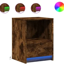 vidaXL Mesita de noche con luces LED madera ingeniería Roble ahumado Outlet