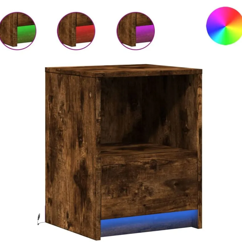 vidaXL Mesita de noche con luces LED madera ingeniería Roble ahumado Outlet