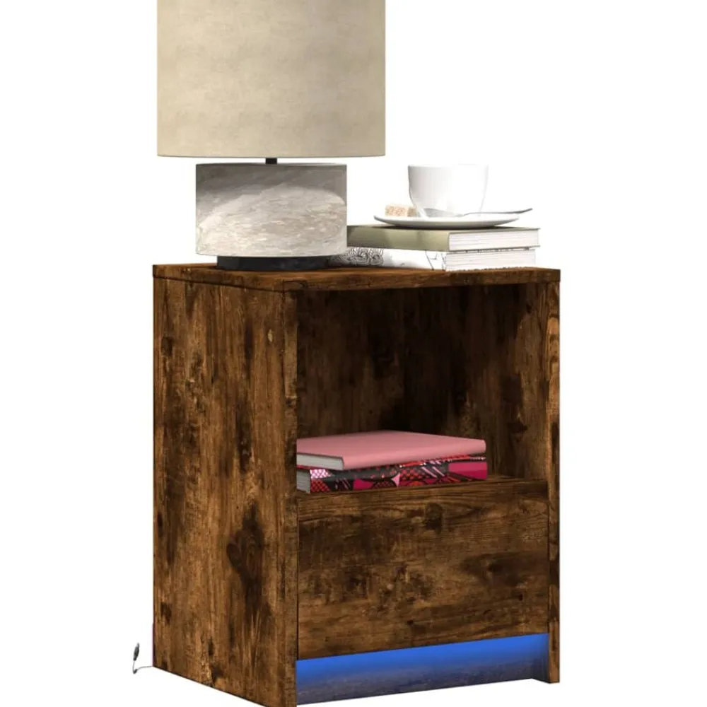 vidaXL Mesita de noche con luces LED madera ingeniería Roble ahumado Outlet