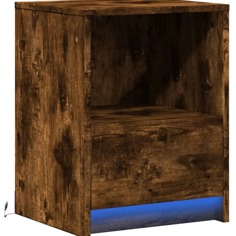 vidaXL Mesita de noche con luces LED madera ingeniería Roble ahumado Outlet