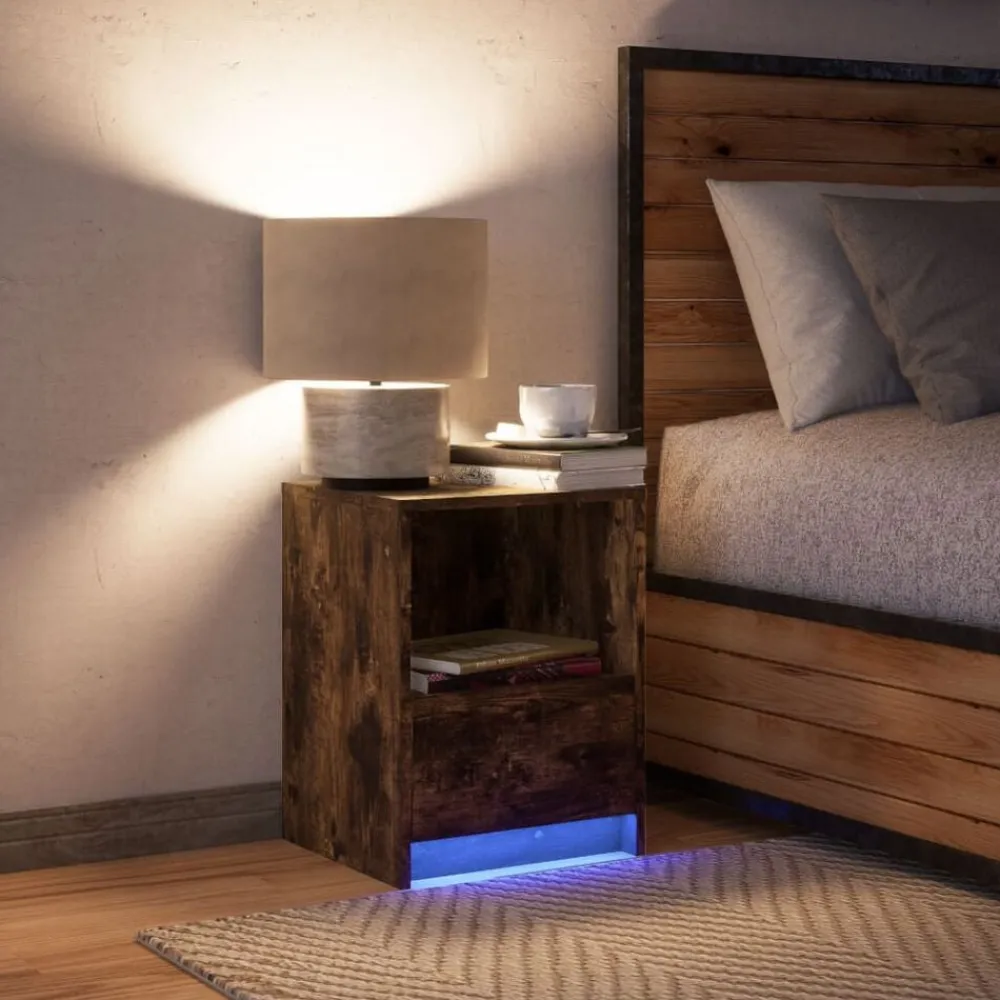 vidaXL Mesita de noche con luces LED madera ingeniería Roble ahumado Outlet