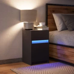 vidaXL Mesita de noche con luces LED madera de ingeniería negra Negro Hot