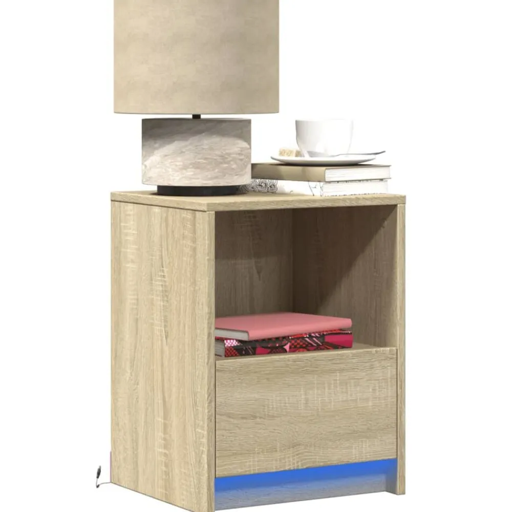 vidaXL Mesas-Mesita de noche con luces LED madera de ingeniería