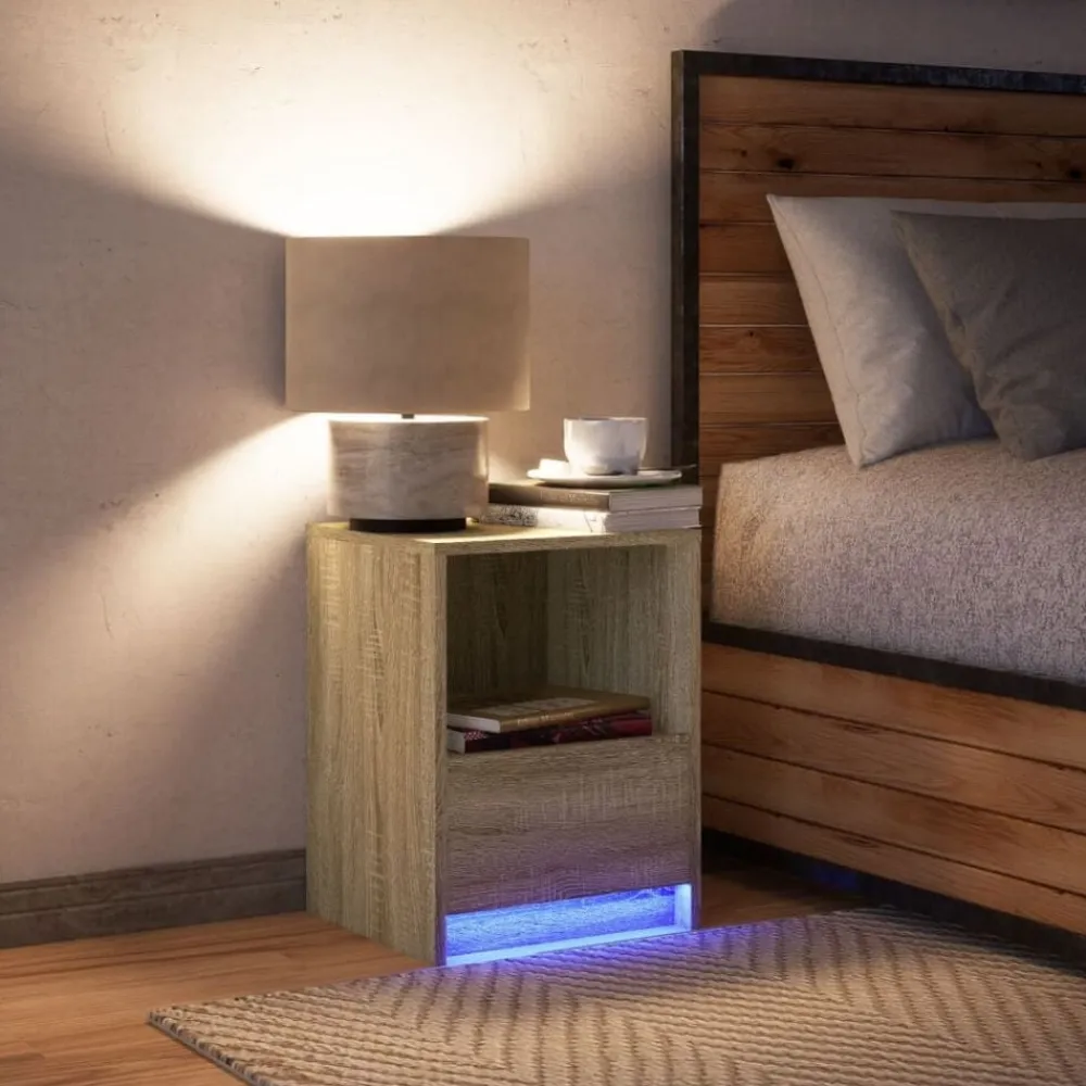 vidaXL Mesas-Mesita de noche con luces LED madera de ingeniería