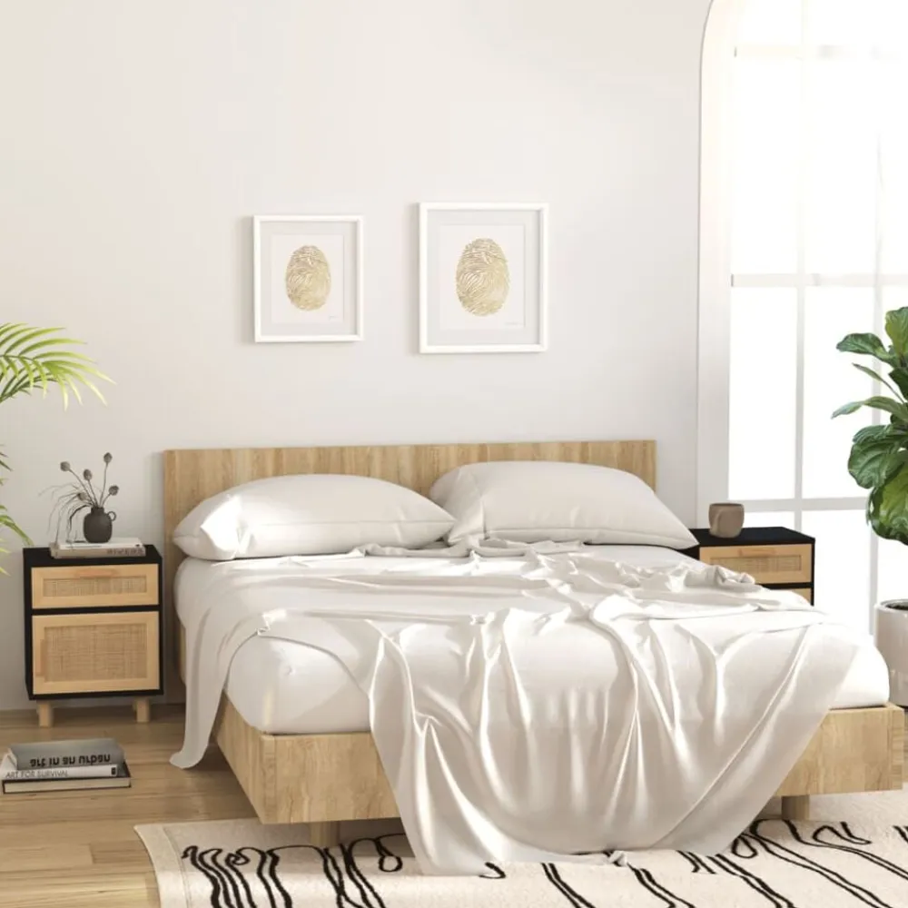 vidaXL Mesas-Mesita de noche madera maciza pino negra y ratán natural