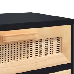 vidaXL Mesas-Mesita de noche madera maciza pino negra y ratán natural