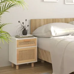 vidaXL Mesas-Mesita de noche madera maciza pino blanca y ratán natural