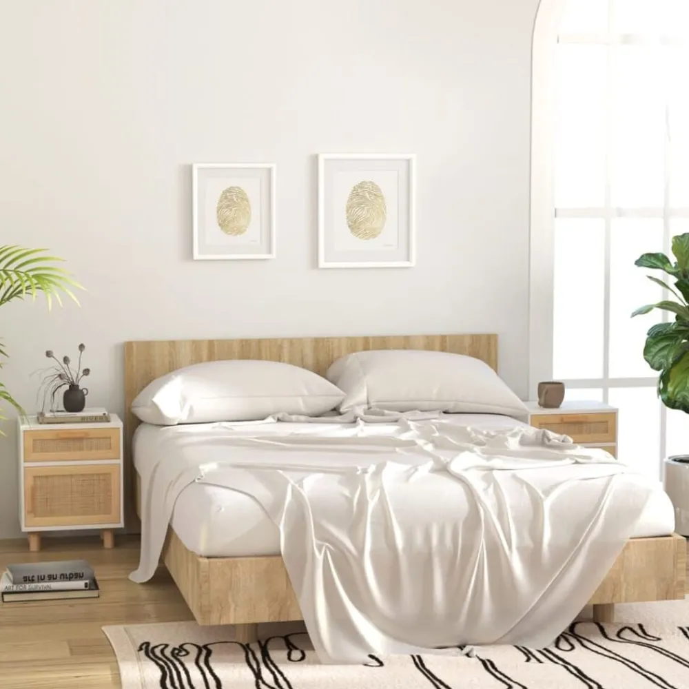 vidaXL Mesas-Mesita de noche madera maciza pino blanca y ratán natural