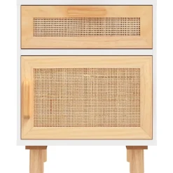 vidaXL Mesas-Mesita de noche madera maciza pino blanca y ratán natural