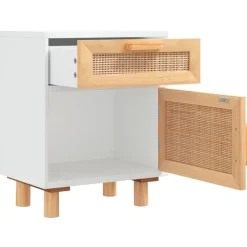 vidaXL Mesas-Mesita de noche madera maciza pino blanca y ratán natural