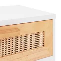 vidaXL Mesas-Mesita de noche madera maciza pino blanca y ratán natural