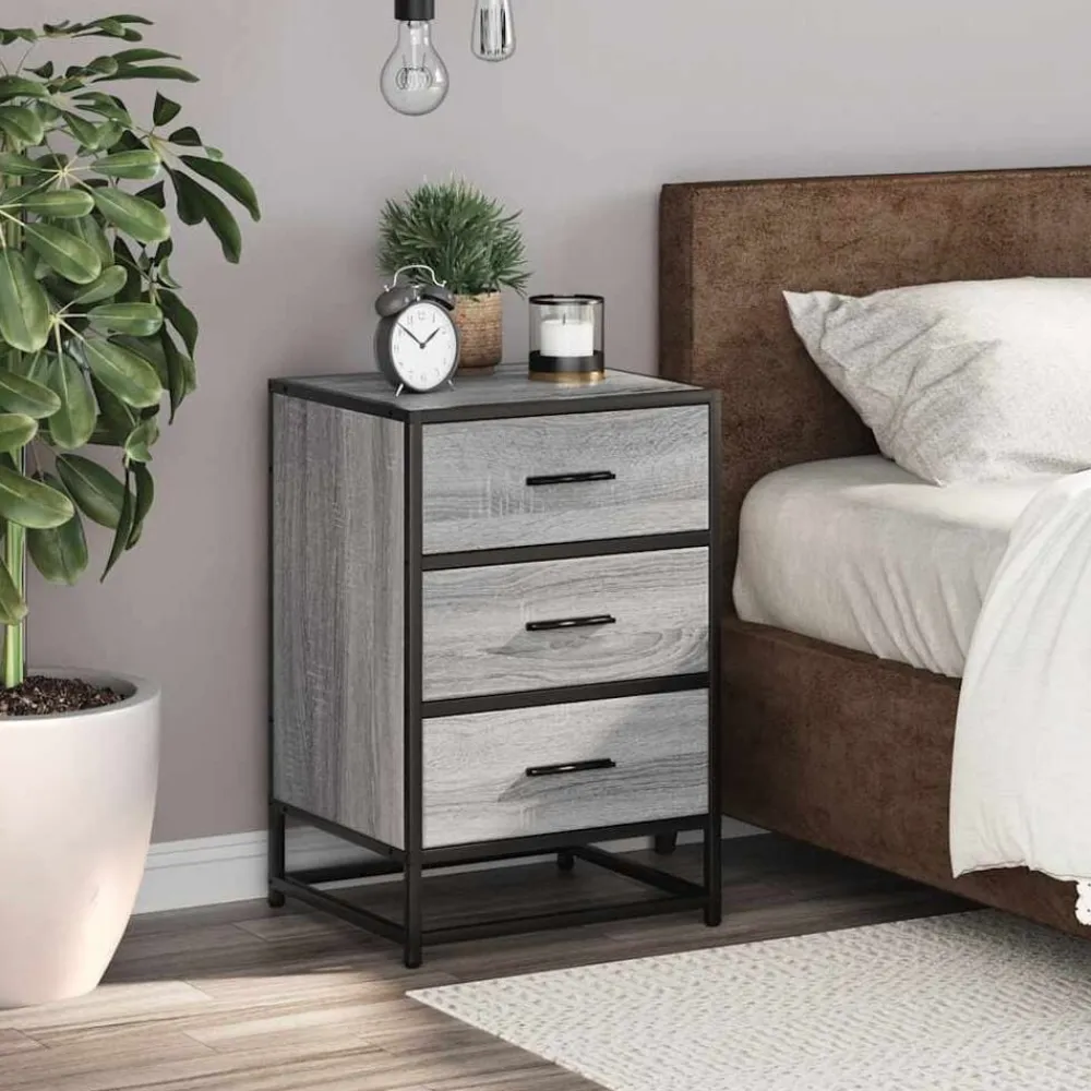 vidaXL Mesita noche madera ingeniería 40x34,5x60 cm metal Gris sonoma Hot