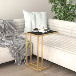 vidaXL Mesita ordenador vidrio transparente negro mármol 50x35x65cm Dorado y negro m&aacute;rmol Outlet
