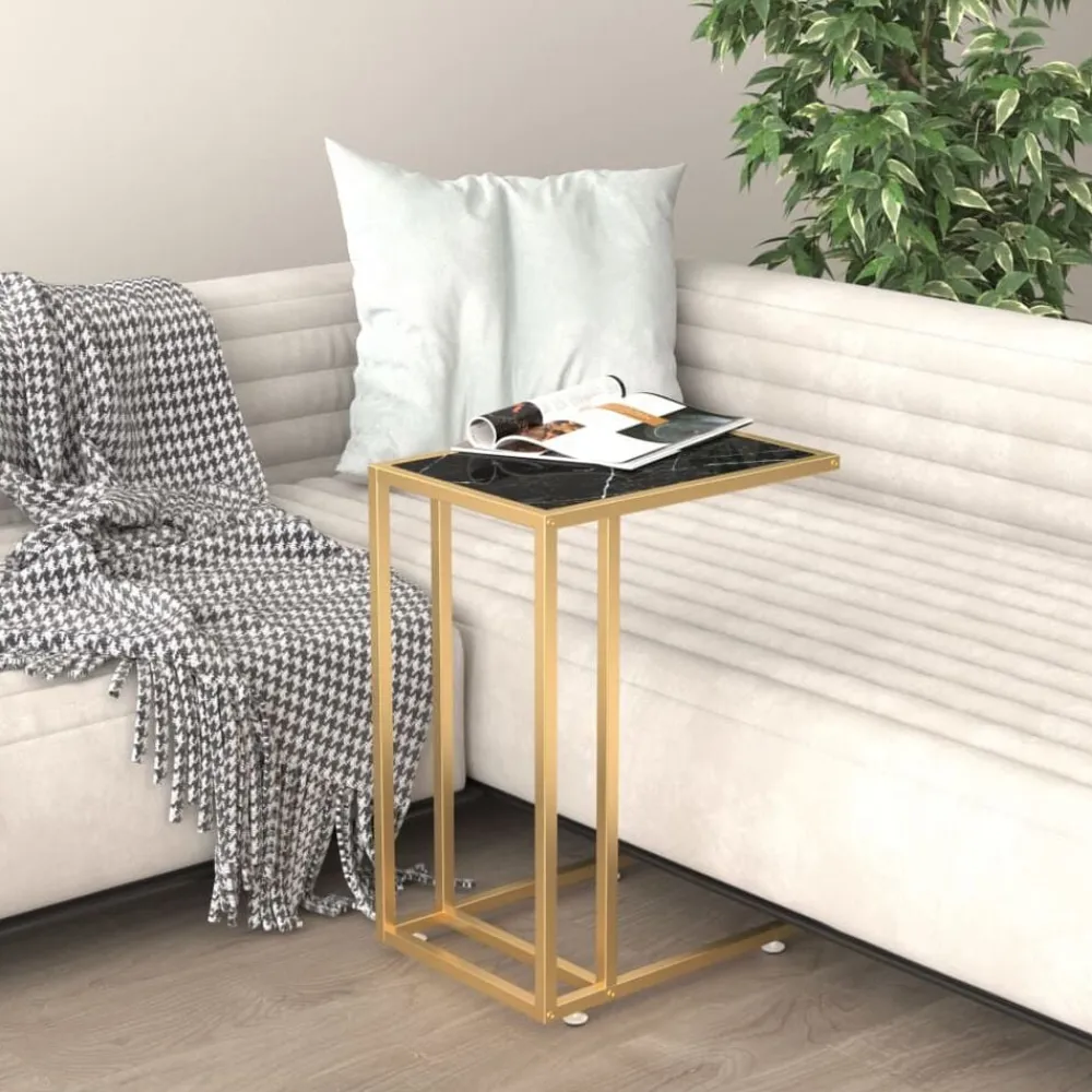 vidaXL Mesita ordenador vidrio transparente negro mármol 50x35x65cm Dorado y negro mármol Outlet