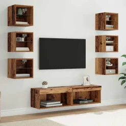 vidaXL Mueble de TV con cajón 8 pcs Cristal Madera envejecida Best