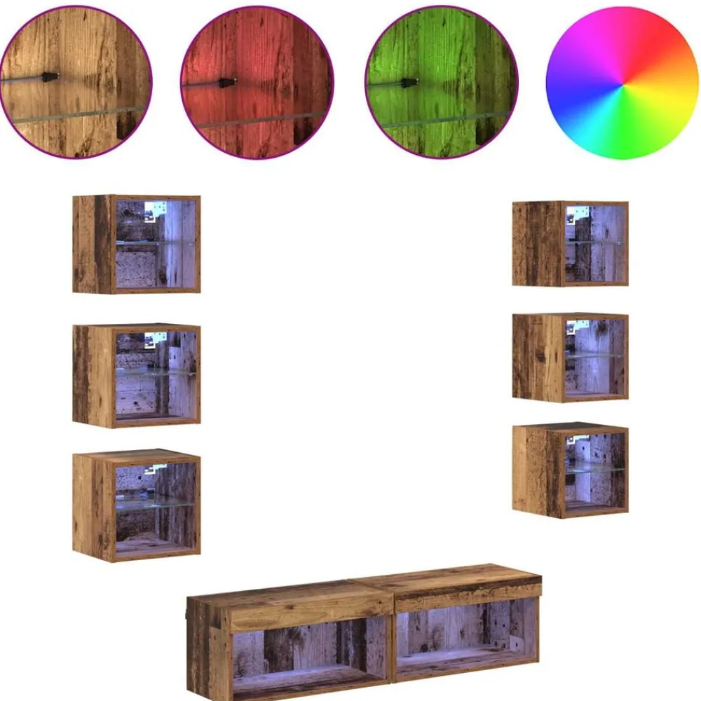 vidaXL Mueble de TV con cajón 8 pcs Cristal Madera envejecida Best