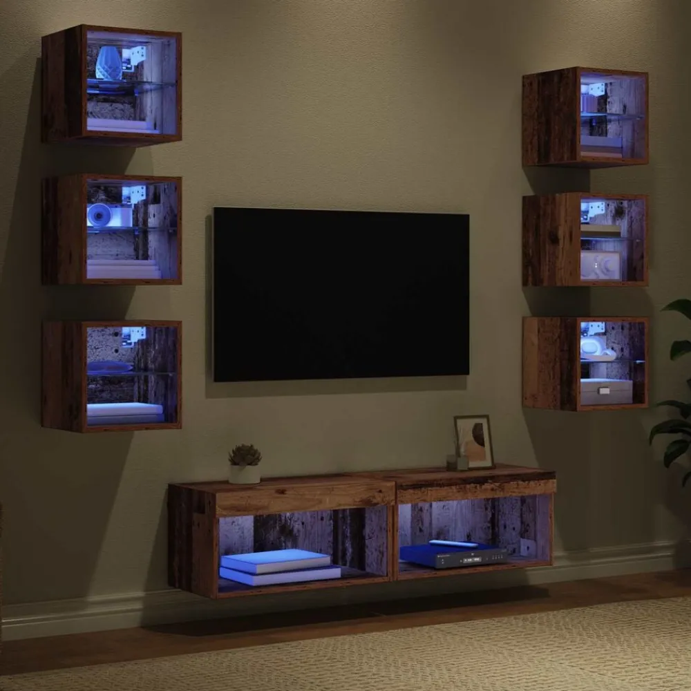 vidaXL Mueble de TV con cajón 8 pcs Cristal Madera envejecida Best