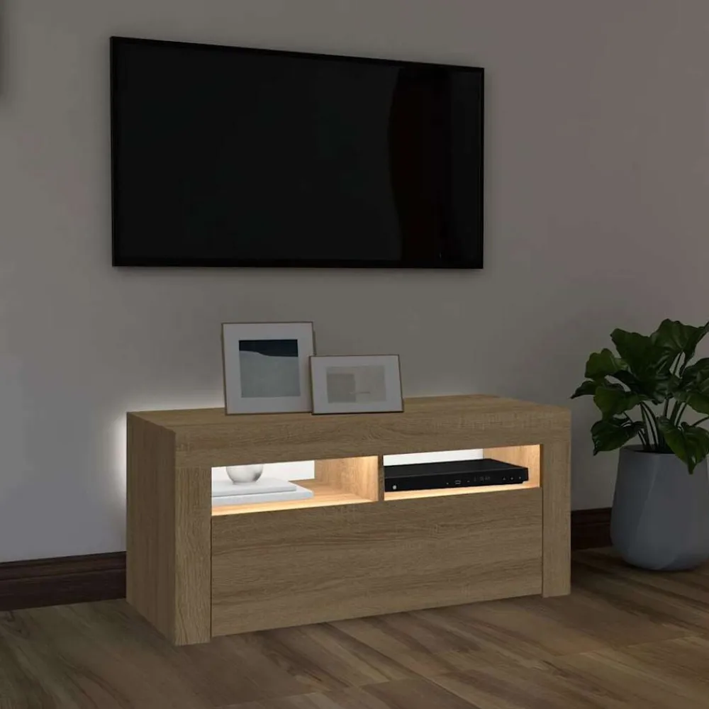 vidaXL Mueble de TV con luces LED 90x35x40 cm Roble Sonoma