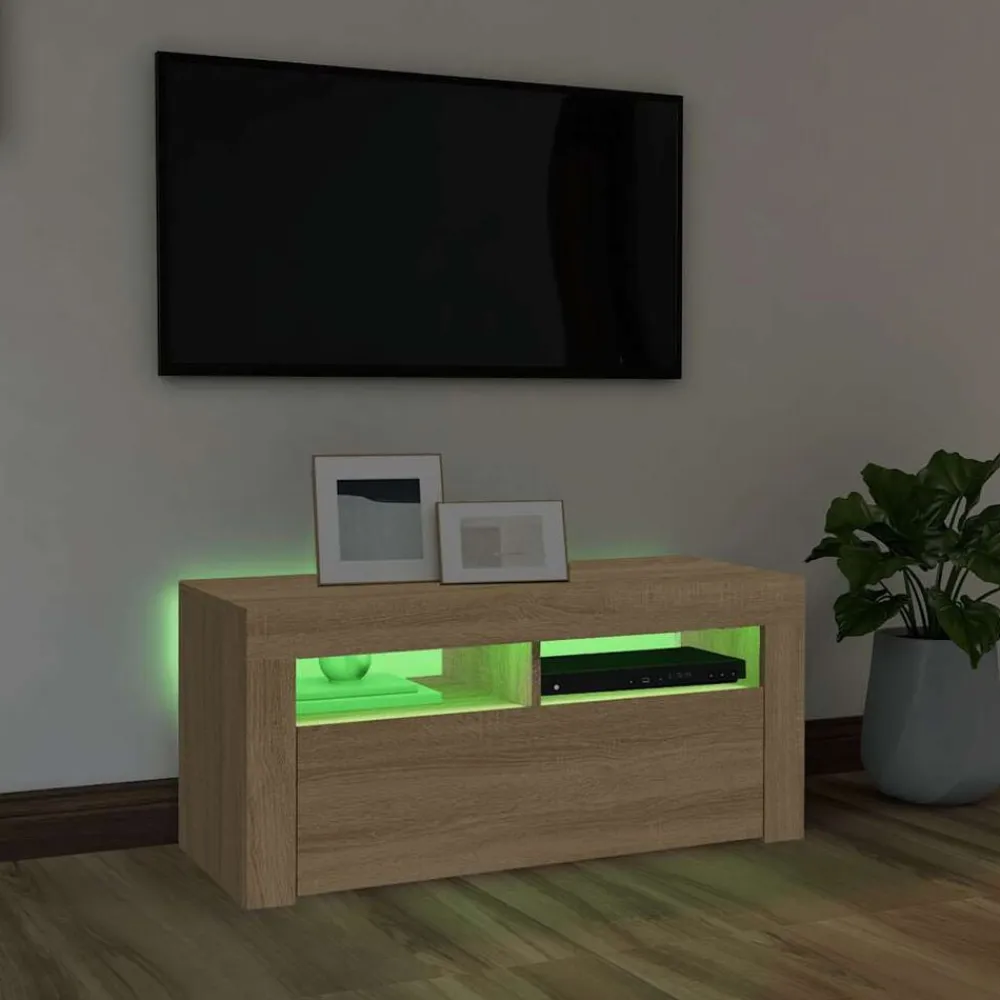 vidaXL Mueble de TV con luces LED 90x35x40 cm Roble Sonoma
