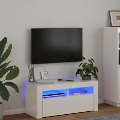 vidaXL Mueble de TV con luces LED 90x35x40 cm Blanco brillante Outlet