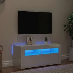 vidaXL Mueble de TV con luces LED 90x35x40 cm Blanco brillante Outlet