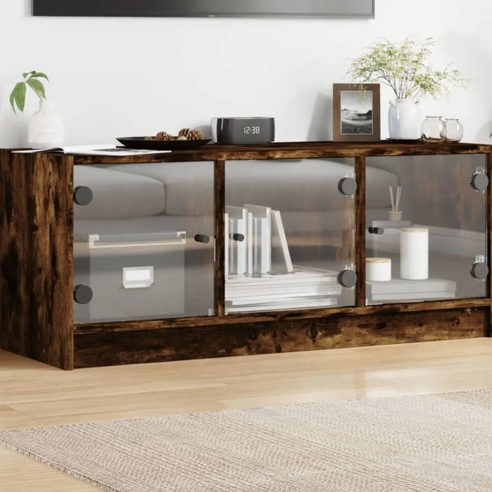 vidaXL Mueble de TV con puertas de vidrio 102x37x42 cm Roble ahumado Hot