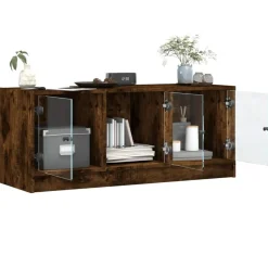 vidaXL Mueble de TV con puertas de vidrio 102x37x42 cm Roble ahumado Hot