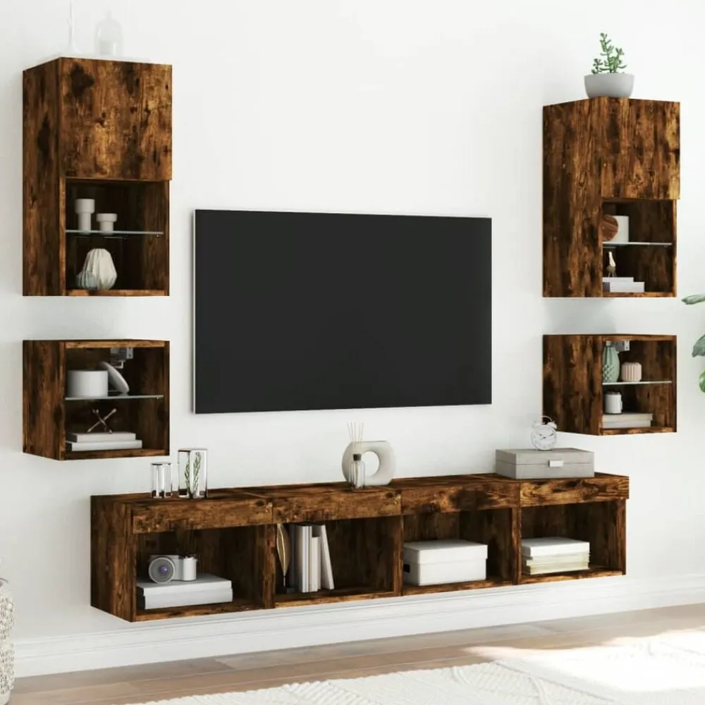 vidaXL Mueble de TV de pared con luces LED 30x28,5x30 cm Roble ahumado Hot
