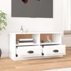 vidaXL Muebles Tv-Mueble de TV madera contrachapada blanco brillo 93x35,5x45 cm
